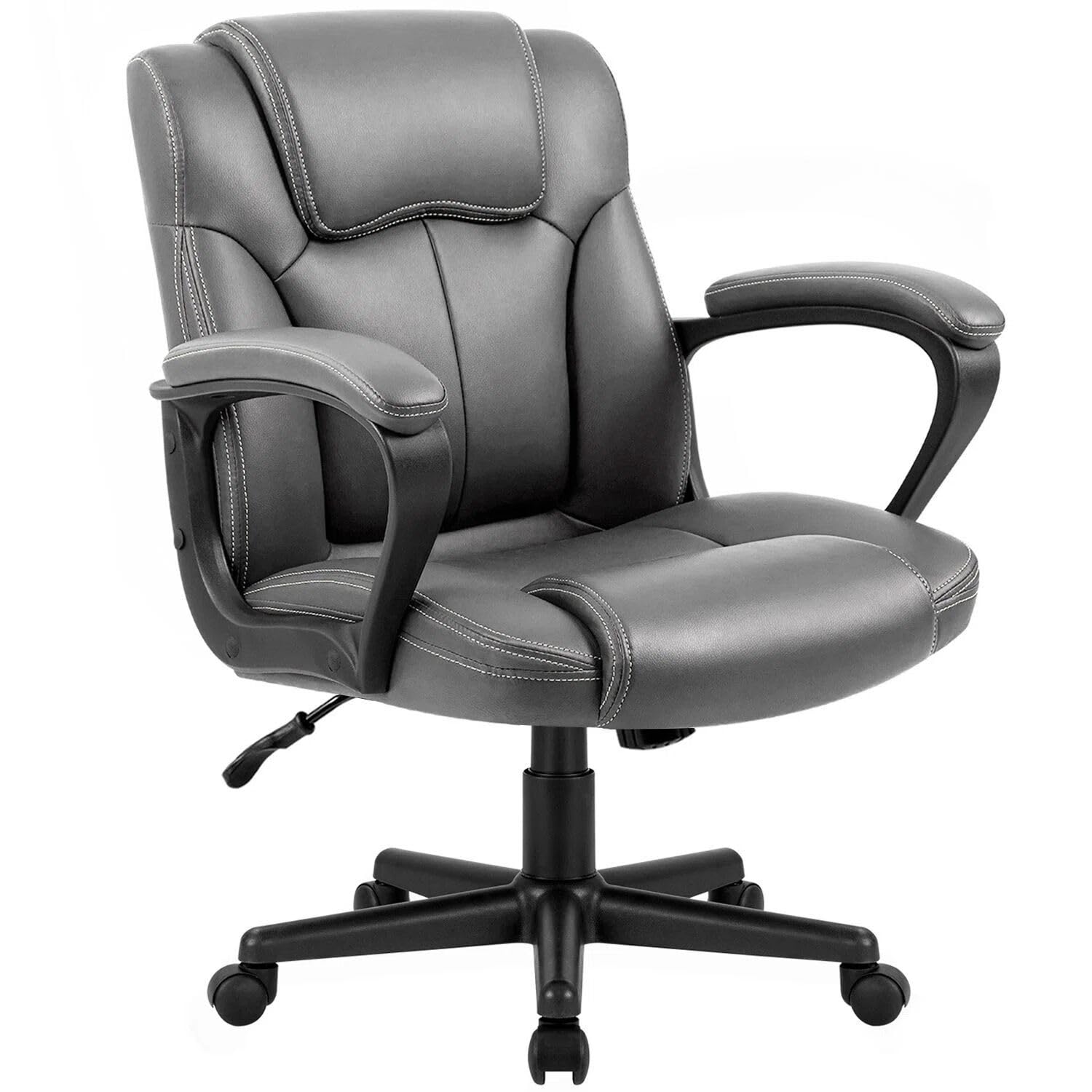 ShahooExecutive Office Chair Swivel Computer Task, Mid Back Ergonomic Leather-Padded Desk Seats with Lumbar Support, Armrests, Grey