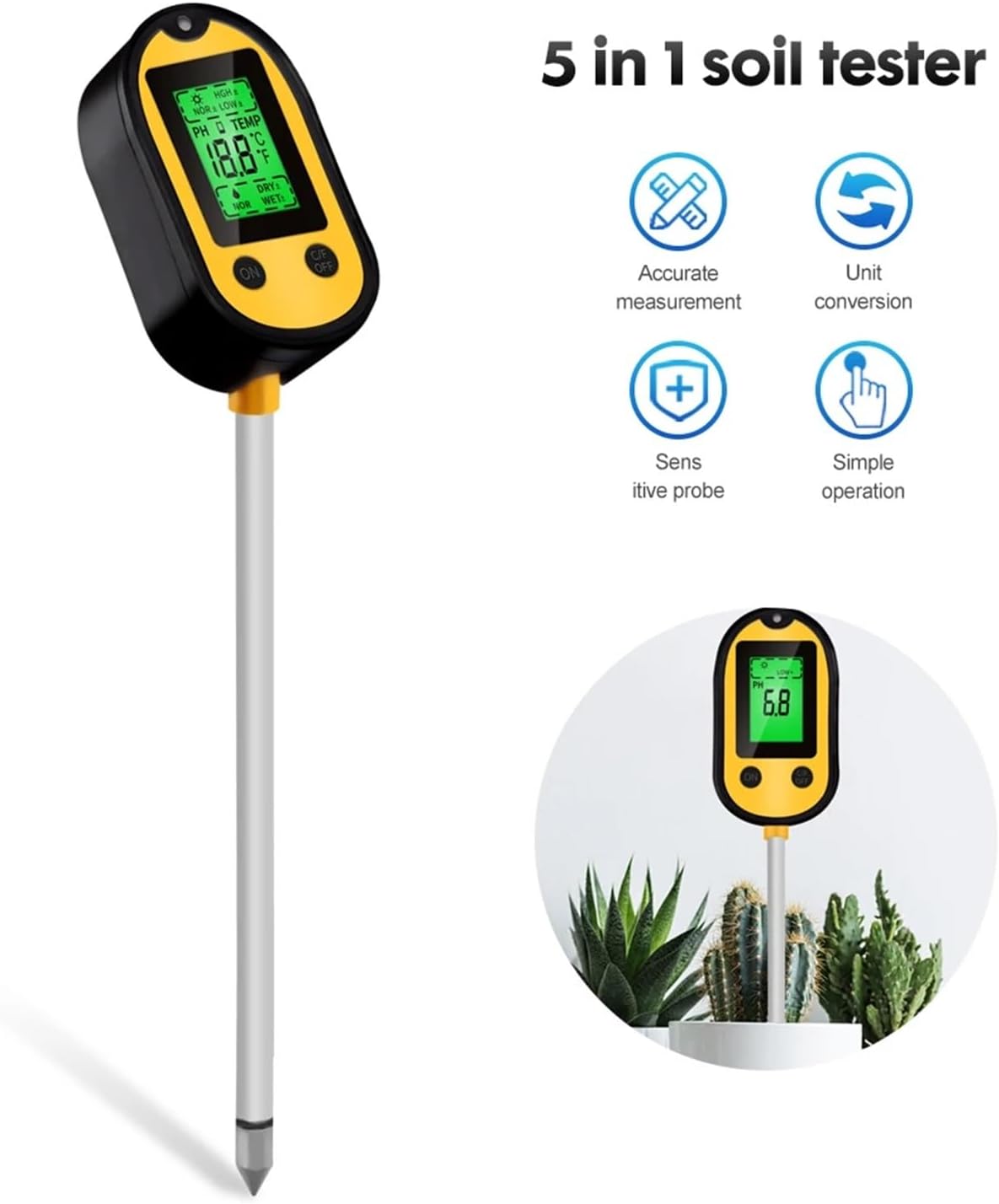 土壌PHテスター 5 in 1 日光水分酸度計 土壌テスター 水分計 デジタル土壌モニター ガーデニング用検出器(Yellow)