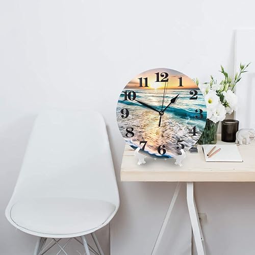 Miniatura 4 de Reloj de pared redondo con estampado de playa, puesta de sol y océano, funciona con pilas, reloj de pared decorativo de 10 pulgadas, silencioso, sin