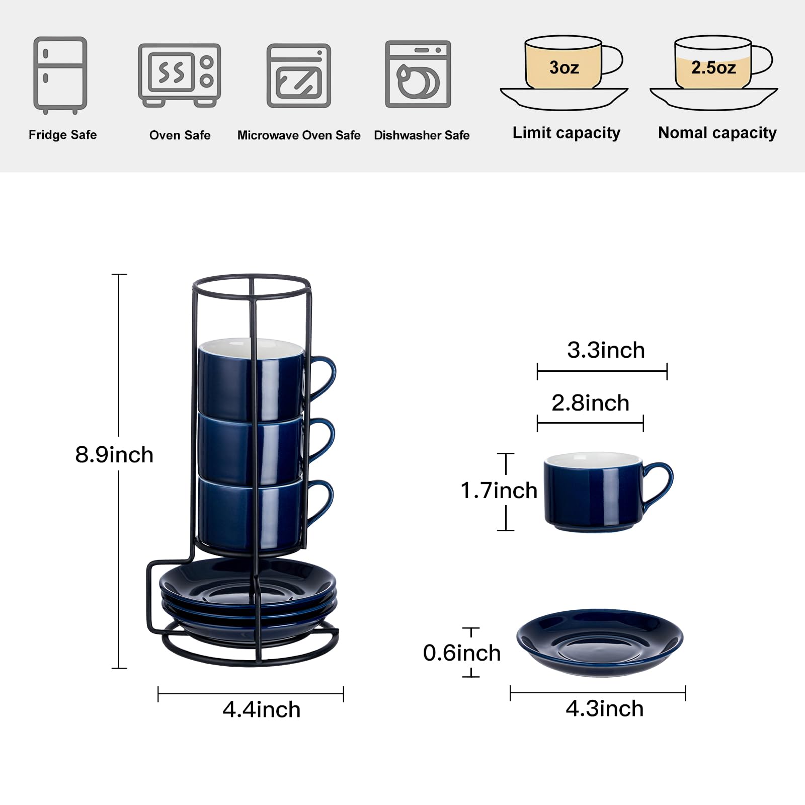 Juego de 4 tazas de espresso apilables de porcelana de 2.5 onzas con platillos y soporte de metal, color azul
