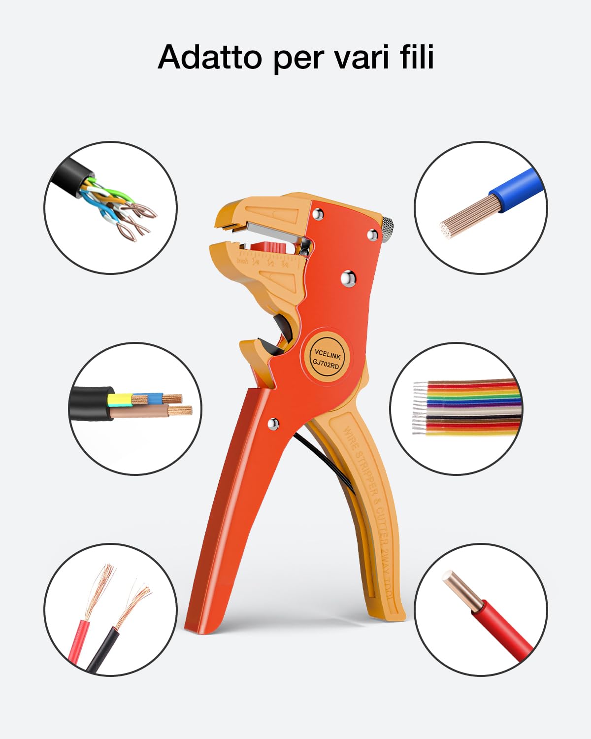 VCELINK Pinza Spelafili Automatica 2 in 1 Lama Mn65 Spelatura 0,2-6 mm² Taglio 0,08-8 mm Rosso/Arancione