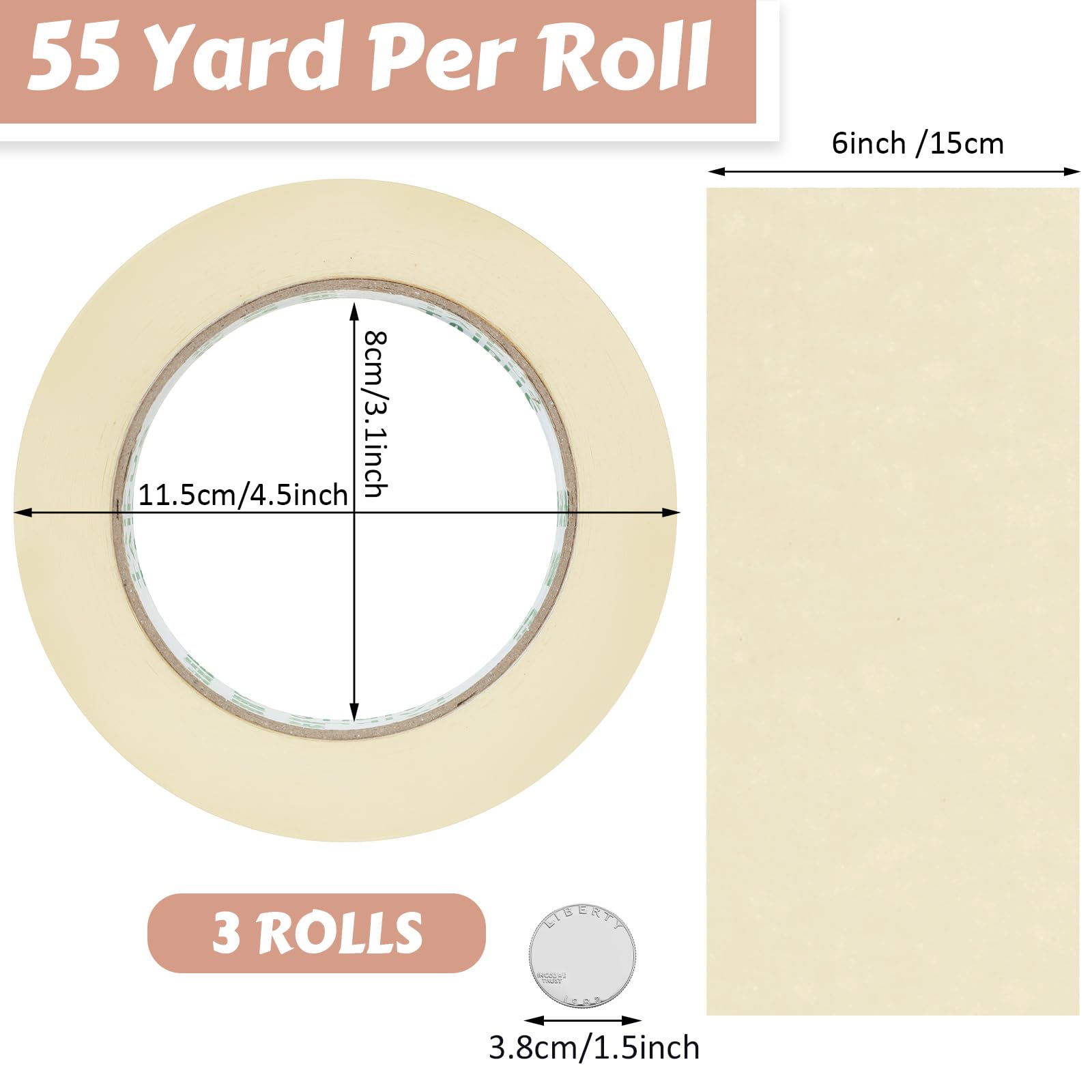 Cinta de enmascarar de uso general a granel, 50 yardas para pintar en casa, oficina, escuela, papelería, manualidades, uso básico, fácil extracción (3 rollos, 6 pulgadas)
