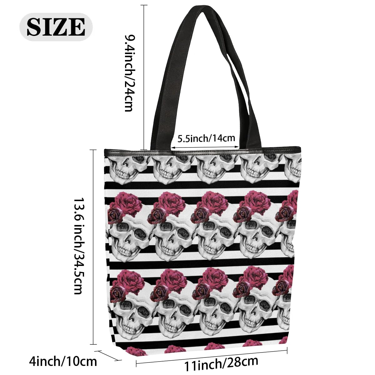 Striped Skull Roses Canvas Tote Bag with Zipper and Pockets Canvas Tote Shopping Bag Women Reusable Grocery Bag for Beach Travel Gym Shopping