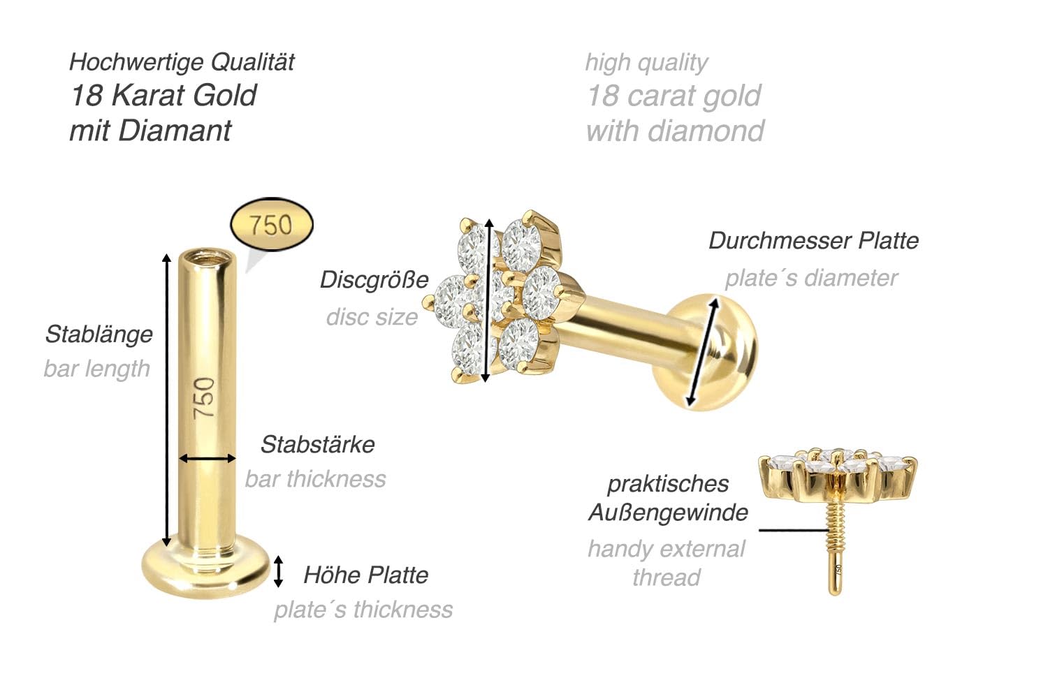PIERCINGLINE Piercing Stecker 18 Gold Labret mit Innengewinde DIAMANT-BLUME 750er Gold - Goldfarben