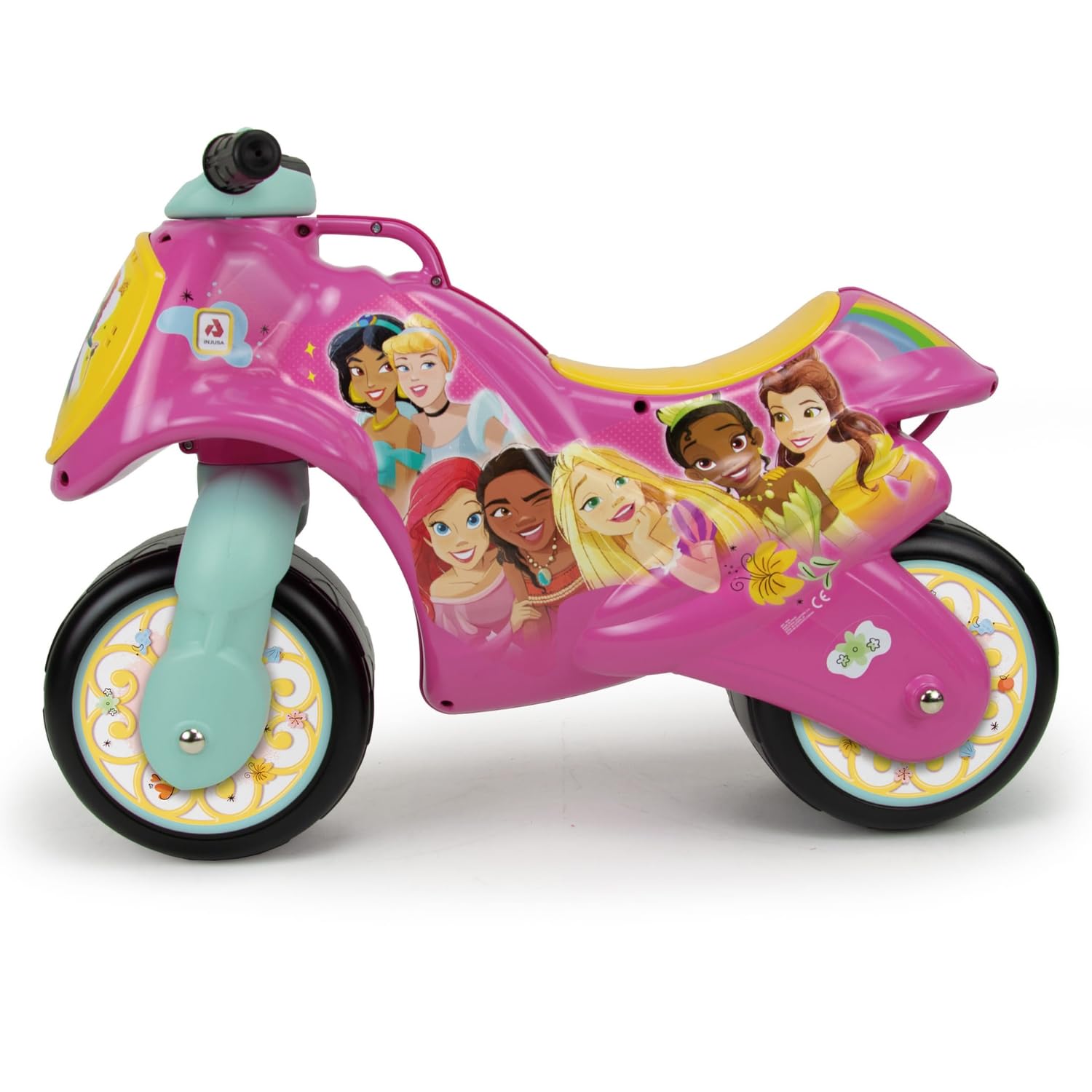 INJUSA - Motocykl Dziecięcy Neox Disney Princess, przeznaczony dla dzieci powyżej 18 miesiąca, szerokimi kołami z tworzywa sztucznego oraz uchwytem do transportu dla rodziców, różowy