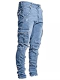 Mens Fashion Slim Fit Skinny Hip Hop Cargo Straps Jeans