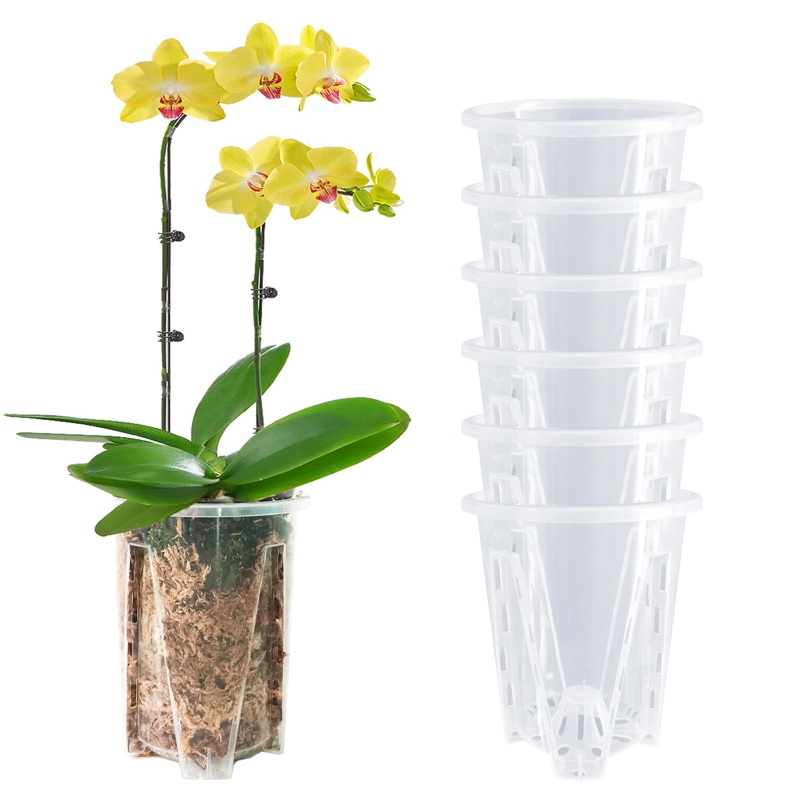 Orchid Pot 6 Pack 4.7'' x 5.6'', Plastic Clear Orchid Pots with Holes for Repotting, Sturdy Deep Flower Planter Pot Indoor Outdoor, Orchids Planter, Garden Pot.