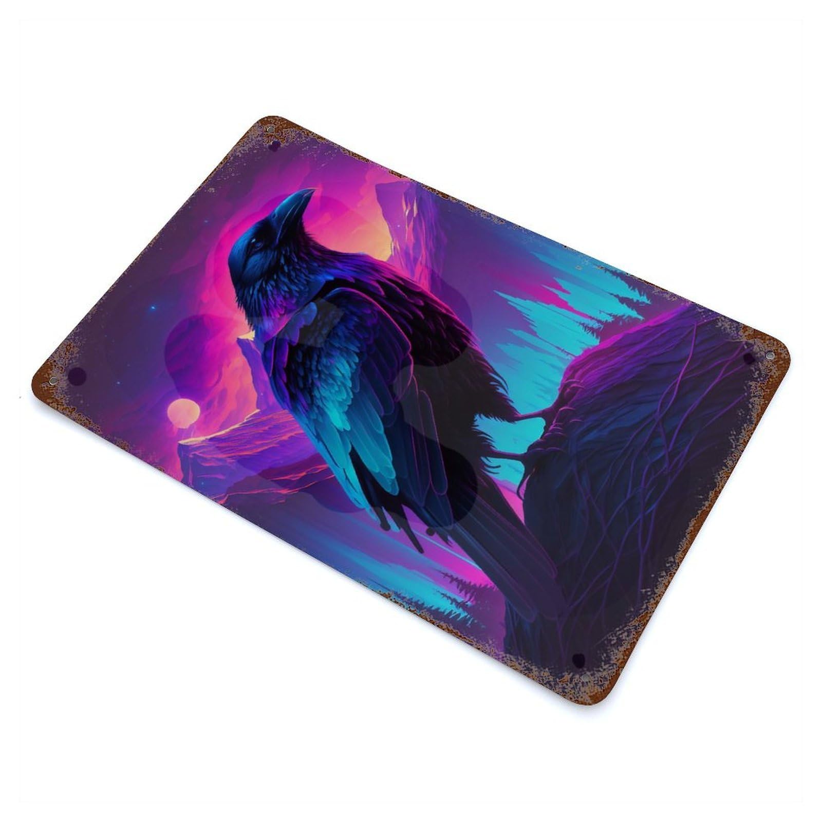 Synthwave Raven 11.8"x7.9" Aged Metal Wall Plaque, Novelty Wall Decor for Shed, Workshop And Garage Wall Decor