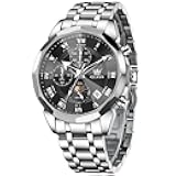 Watches Men Luxury Chronograph Moon Phase Waterproof Luminous Watches for Men Analog Quartz Calendar Stainless Steel Strap Wrist Watches-(Black/Blue/Gold/Grey/Silver Face)