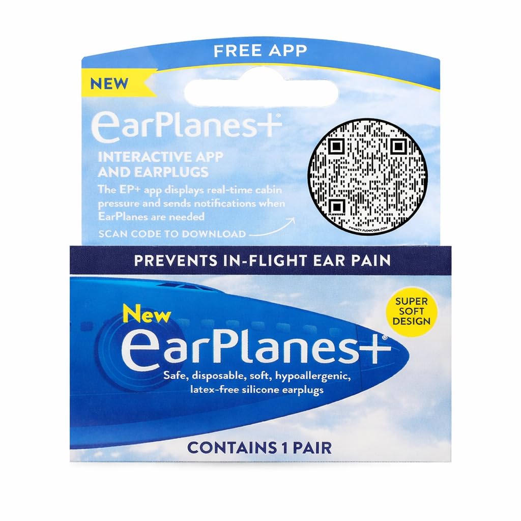 earplanes+, earplugs airplane travel ear protection, prevent in flight ear discomfort, earplanes+ the original pressure preventing earplug for both kids and adults (adult 1 pair)