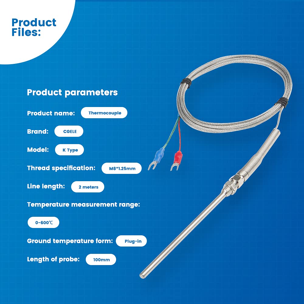 K-Type Thermocouple Temperature Sensors 0~600℃，2M/6.6Ft Wire Probe Length 100mm Two Wire 100×5mm Stainless Steel Probe Temperature Detector Temperature Gauge