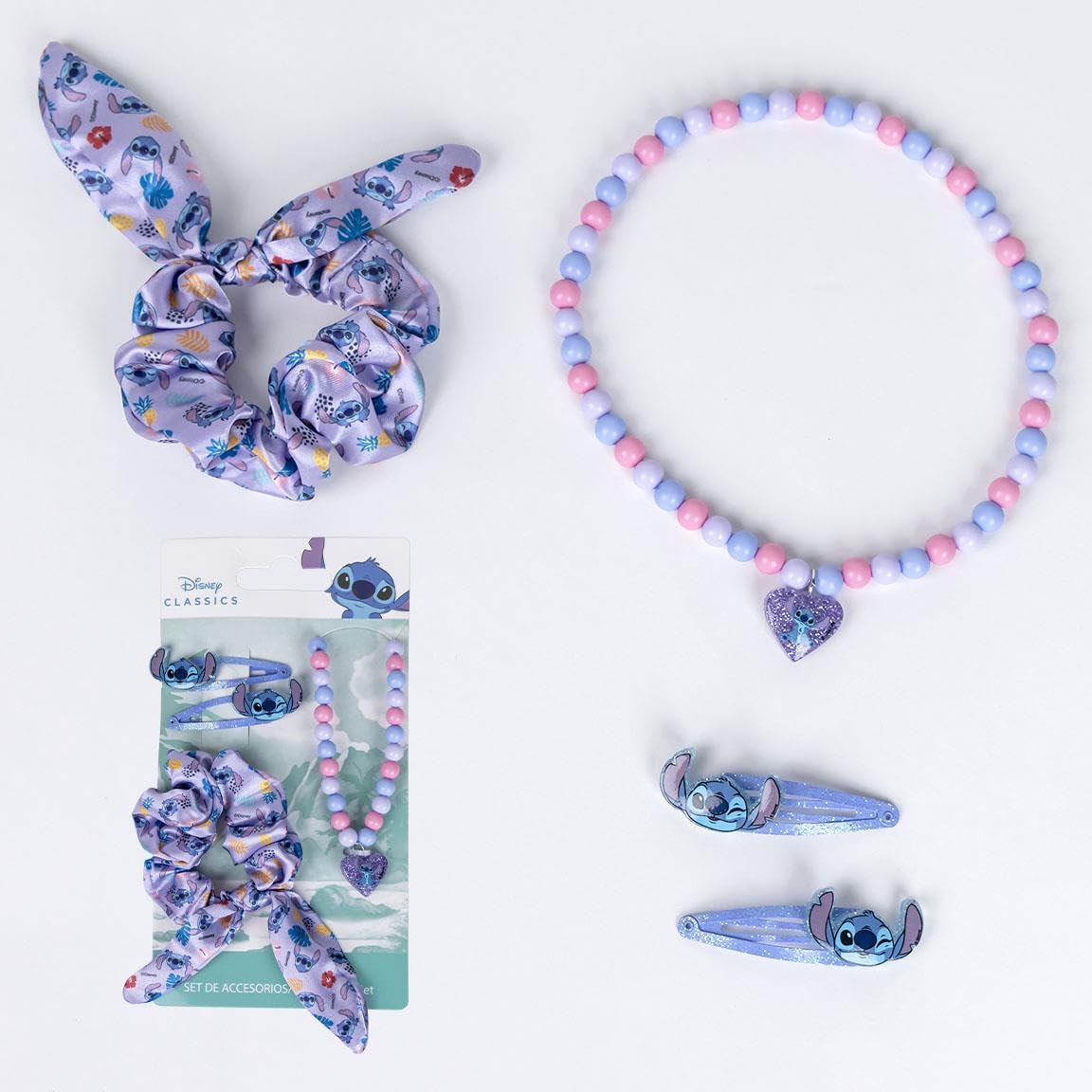Stitch zestaw urody dla dzieci - 1 gumka do włosów, 2 spinki do włosów i 1 naszyjnik - klips do twarzy - oryginalny hiszpański produkt