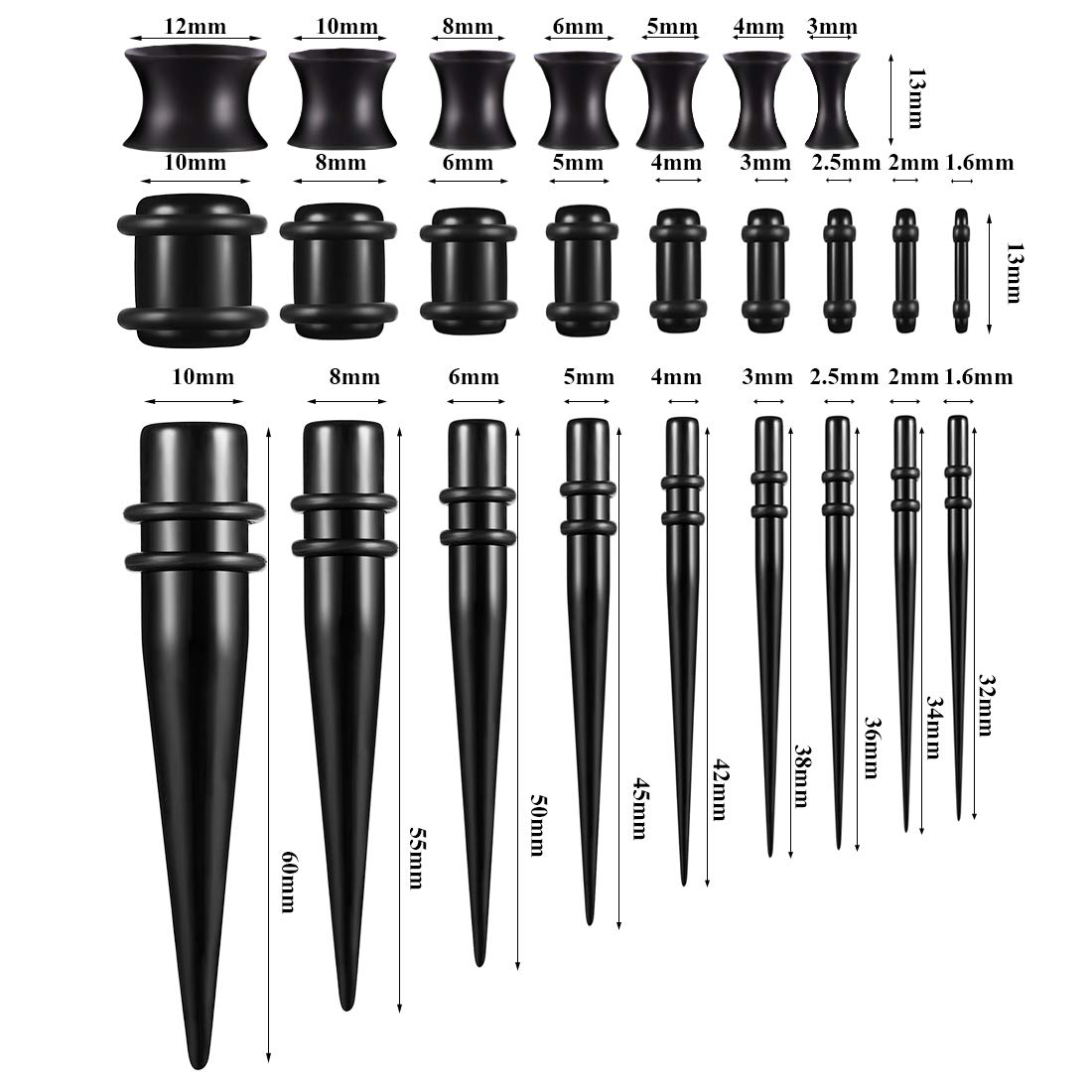BOOM 18 x stożek stożkowy + 18 x akrylowe zatyczki do uszu 1,6 mm-10 mm akryl + 14 x silikonowy tunel 3 mm-12 mm