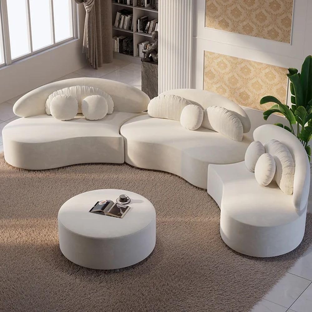 CRAFTCITY Velvet ushape 7 Seater Modern Classic with Puffy Ottoman White Sofa Set for Living Room Bedroom Home Office (Beige)-image-1