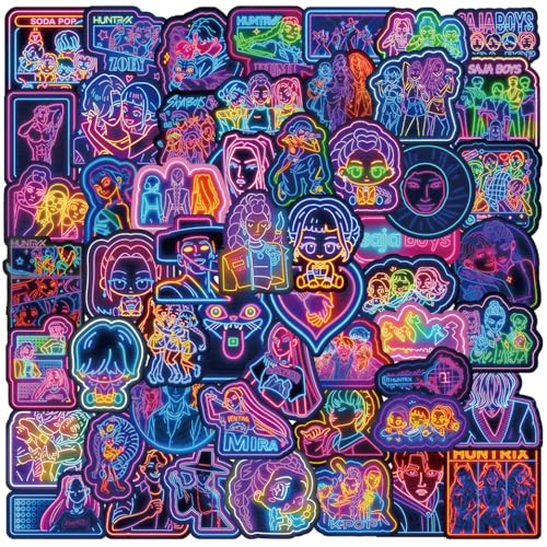 50 Neon K-Pop Aesthetic Stickers Glossy Waterproof PVC Decals (56 cm) for Laptops Water Bottles & Phones; Boy Band & Girl Group Fan Art Cyberpunk Hunter Neon Sign Vinyl; Gifts for Teens & Adults