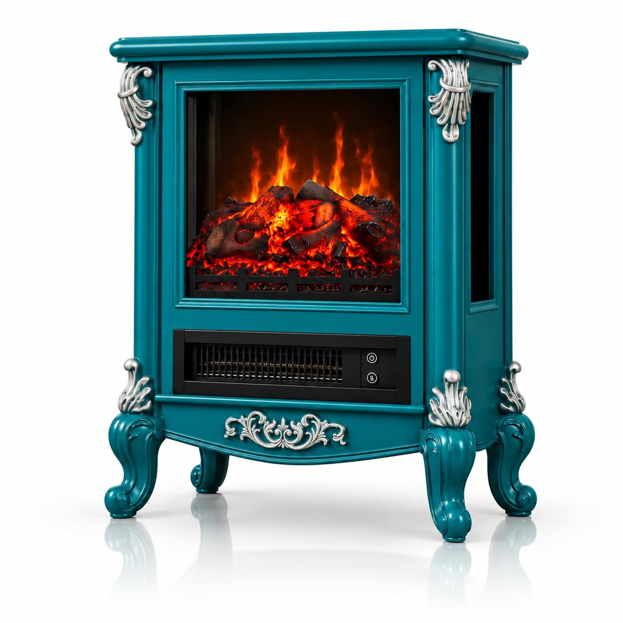 FESTIVITY 18" Electric Stove Fireplace, 1500W Thermostat with 5100 BTU Heat Output, Adjustable Flame &amp; Brightness Levels, Portable Electric Fireplace for Bedroom &amp; Living Room-Teal &amp; Silver