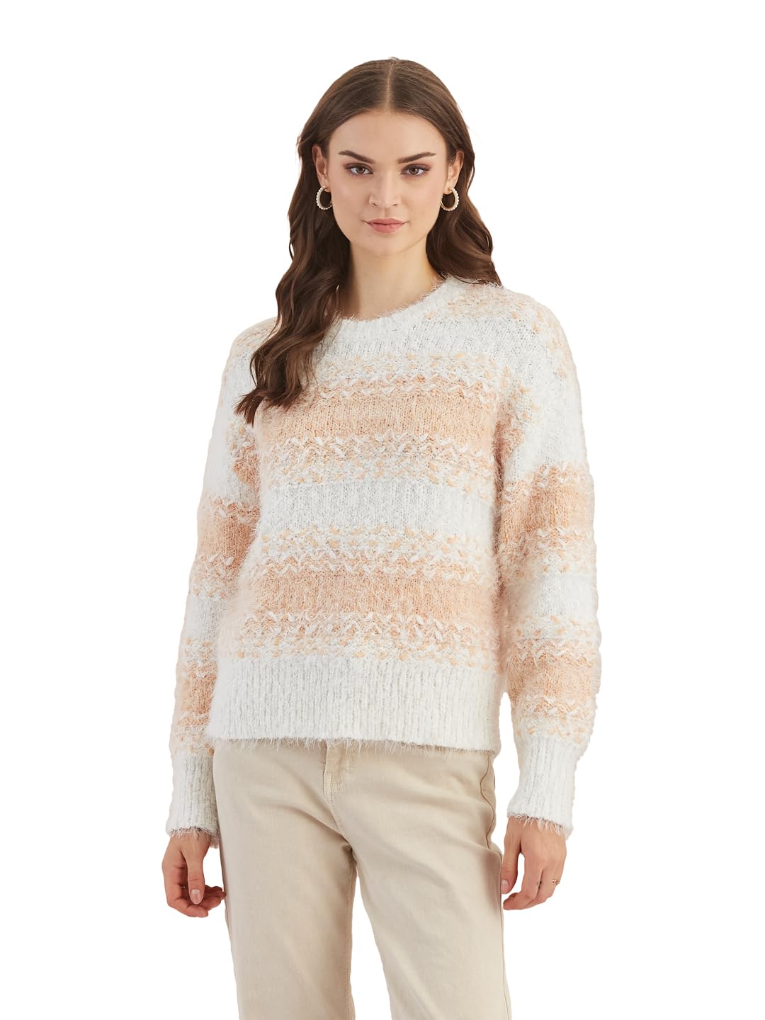 latin quarters Women's White Full Sleeves Round Neck Knitted Casual Regular Sweater-picture-38