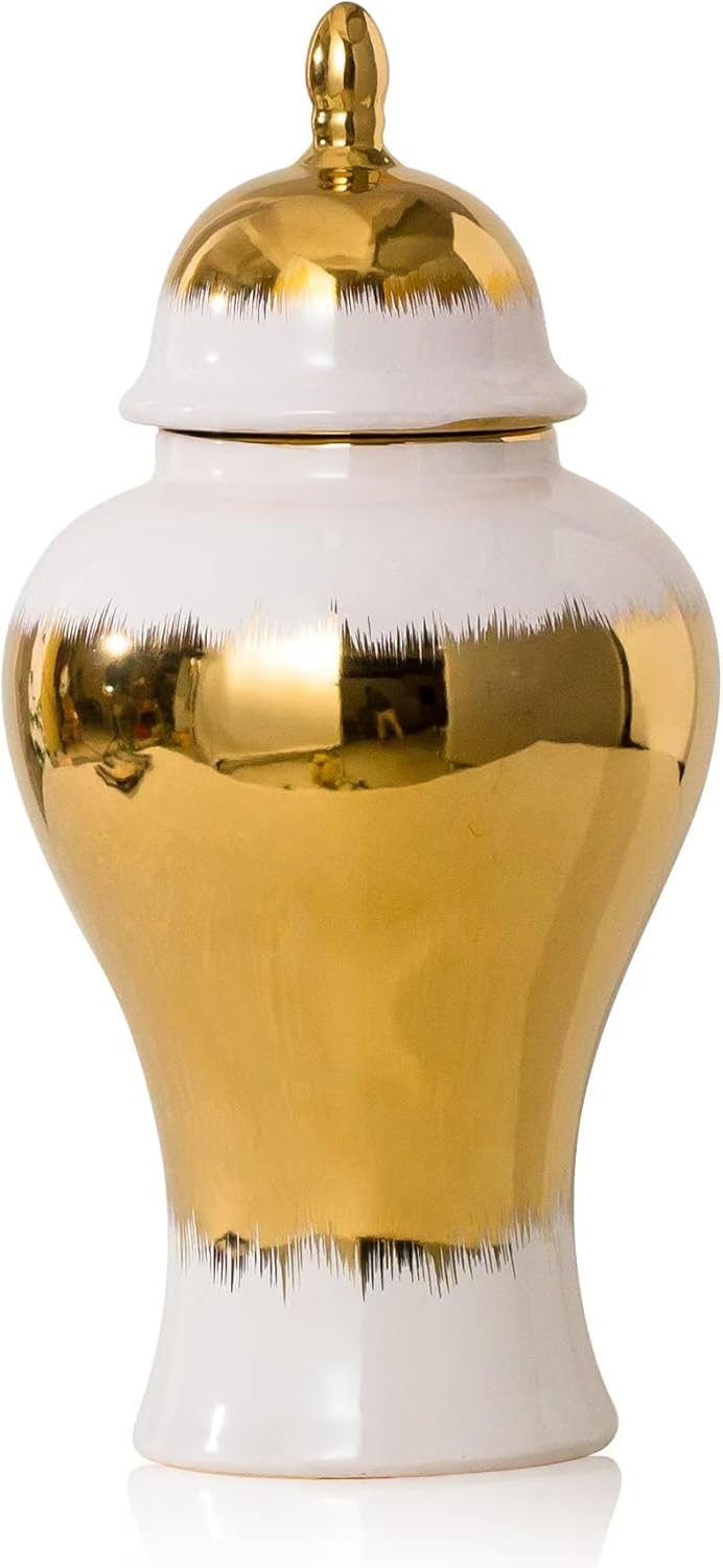 Ginger Jar, White Ceramic Ginger Jar Vase with Gold Trim, White and Gold Vase for Decor Kitchen, Bookshelf Decor, Storage jar, Table Center Vase, Temple Jar(14in 14 inch White and Gold-01