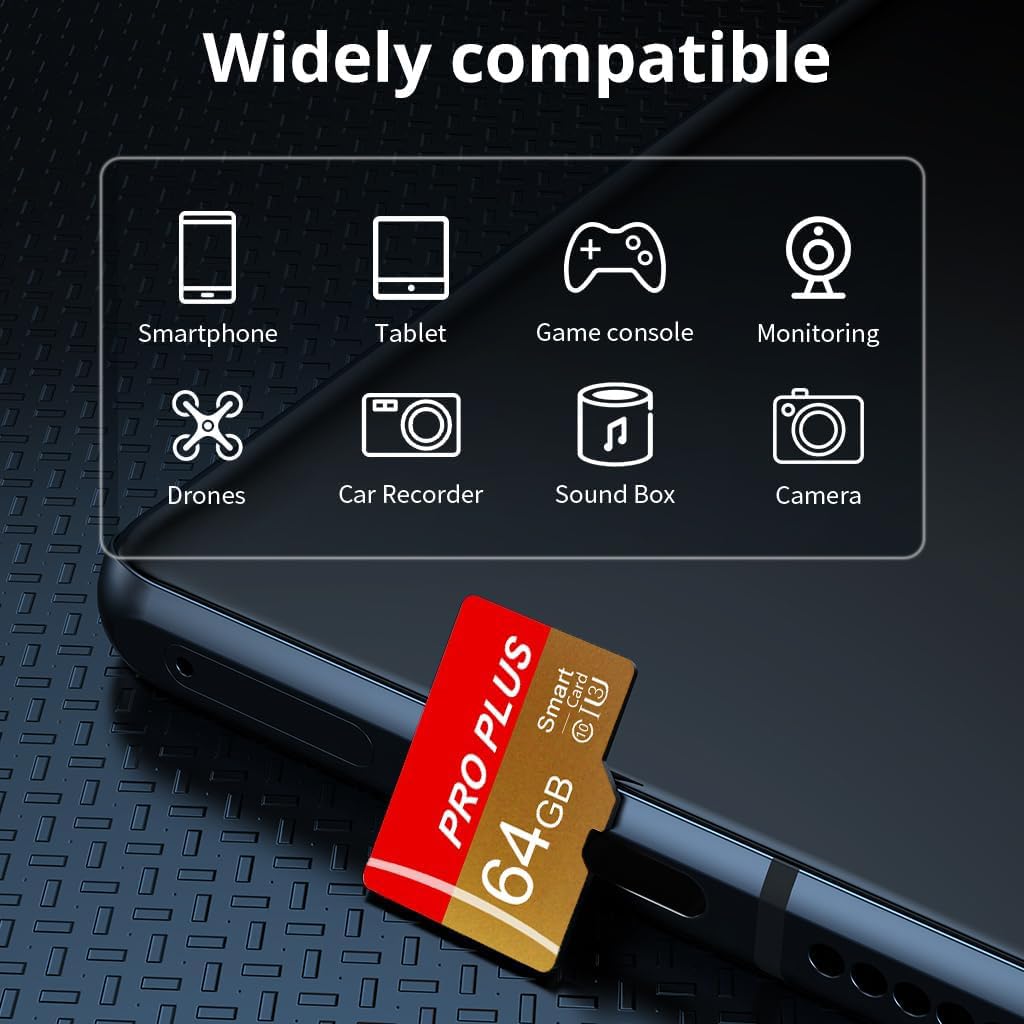 Carte TF 64 Go avec adaptateur, carte mémoire haute vitesse, carte TF UHS-I C10 A1 pour tablette, téléphone portable/appareil photo/audio de voiture/console de jeux (64 Go)