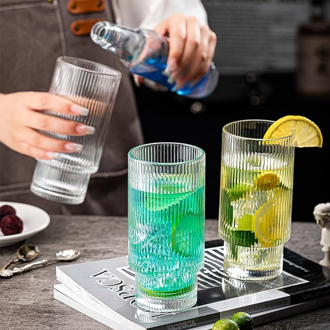 Image of Premium 350 ML Water & Juice Glasses Drinking Glasses,Highball Glasses,Tumblers for Water, Juice, Beer, Cocktail and Mixed Drinks (Set of 2) (Linning - A, 2 Count (Pack of 1))