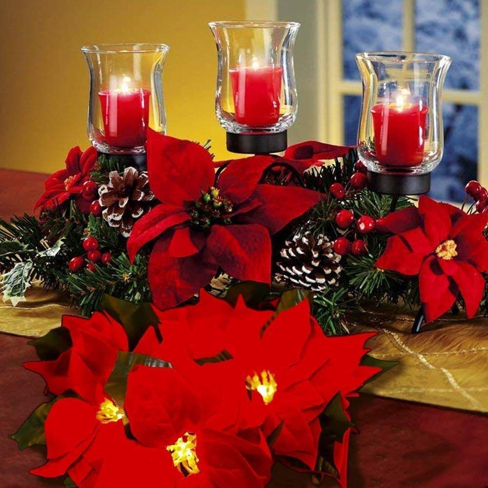 Künstliche Weihnachtsstern Lichtschnur 40LED Rote Beeren Ahornblatt Rebe Fee Girlande Licht Blumenpflanze Weinkranz Lampe Batterie Angetrieben(Rot Poinsettia-LED, 4 Sätze)