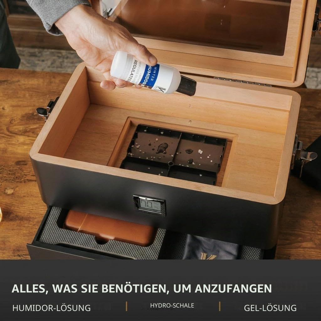 Case Elegance Black Edition Humidor mit Glasplatte und digitalem Hygrometer Front-Hygrometer, spanische Zeder, Zigarrenlösung, Hydro-System und Schaumstoffschublade für Zubehör für 50-100 | Digitales Hygrometer, spanische Zeder, Humidorlösung
