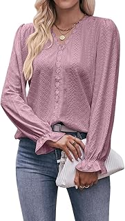 Blusa de Manga Larga para Mujer Color sólido Suelto Casual Elegante Cuello en V Gasa ​Encaje Camiseta Tops