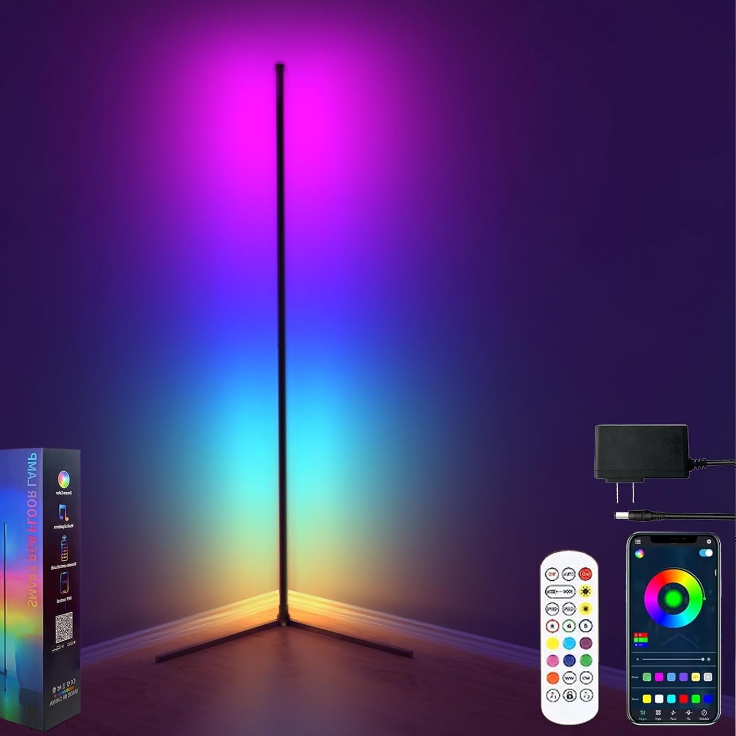 Smart RGB LED Floor Lamp 60" with 16 Million DIY Colours Music Sync Bluetooth Mobile App Color Changing Ambient Lighting Fixture for Bedroom Gaming Living Room Home Office