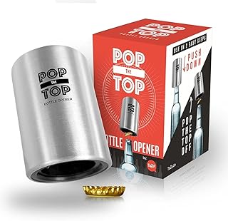 Pop-the-Top Beer Bottle Opener (Stainless): Automatic Bottle Cap Opener, Push Down Pop Off Bar Tool, Soda and Beer Cap Remover, Cool & Fun Gadget