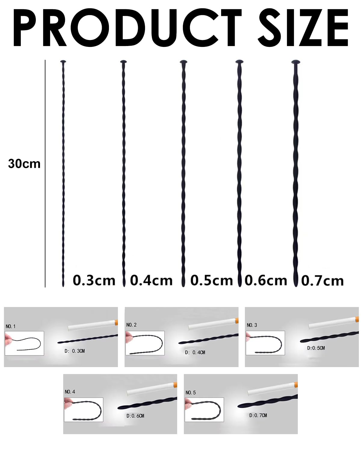 Dilatatore uretrale per pene,5 pezzi,Dilatatore uretrale da 300 mm con connettore,Asta uretrale filettata in silicone morbido,Giocattolo SM per adulti,Nero
