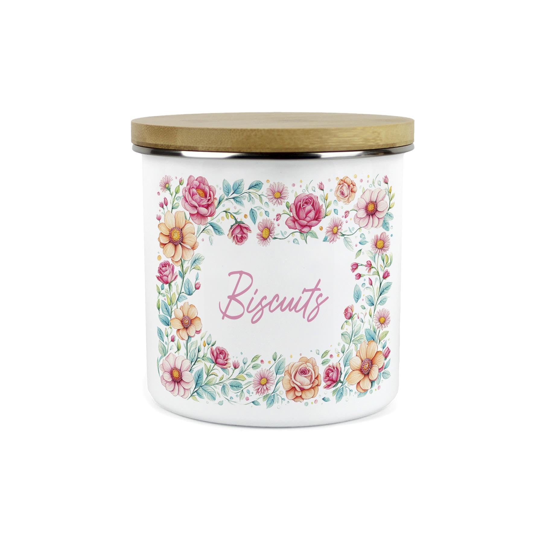 Purely Home Biscuits Pink Roses Tin - Floral Enamel 1.2L Large Cookie Jar Storage Container Kitchen Gifts
