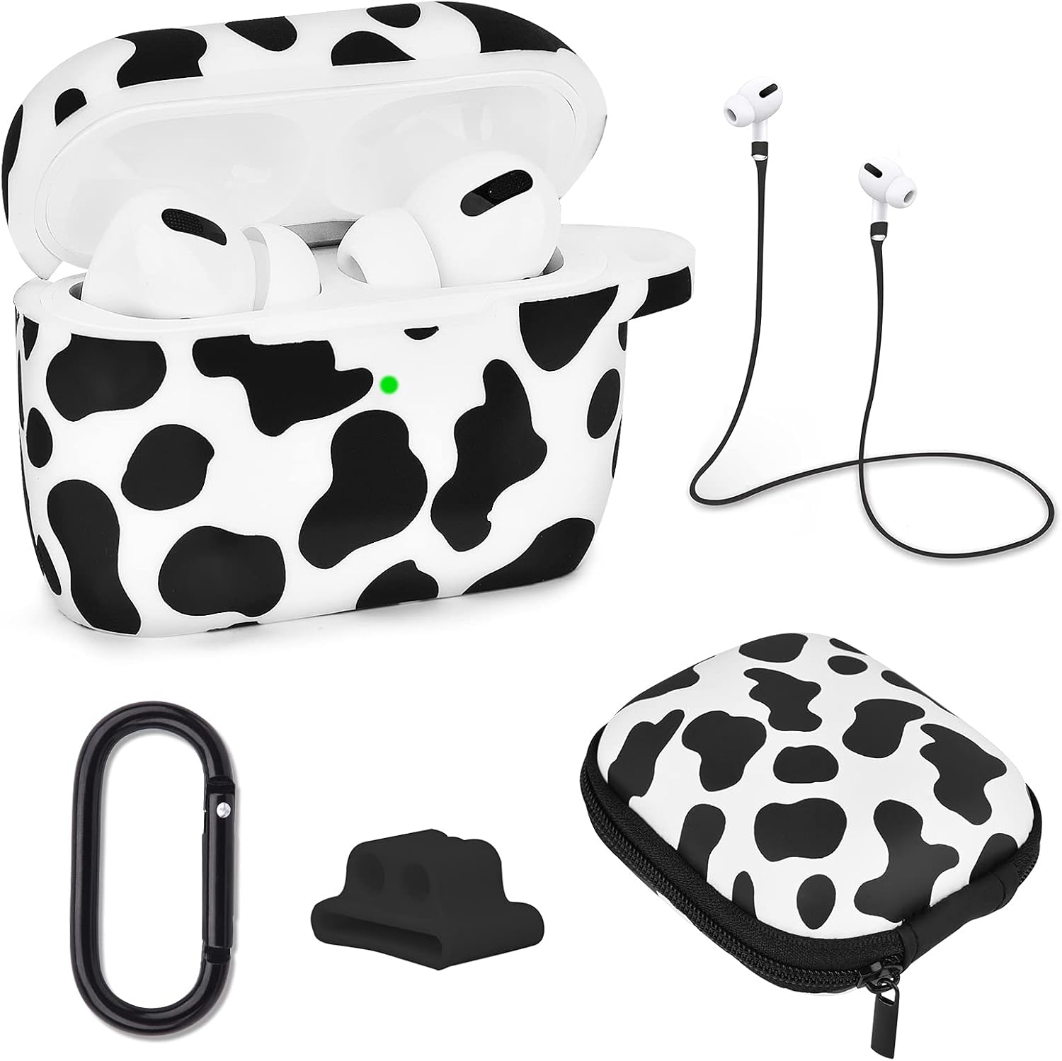 AIRSPO AirPods Pro Case Silicone Protective Case Cover for Apple AirPods Pro Charging Case 5 in 1 airpods pro Accessories with Storage Box, Keychain, Anti-Lost Strap(Cow)