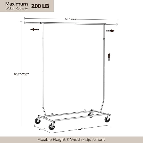 Miniatura 3 de Yaheetech Percheros de ropa comercial con ruedas, barra individual de grado ajustable, altura ajustable, perchero con ruedas para colgar ropa,