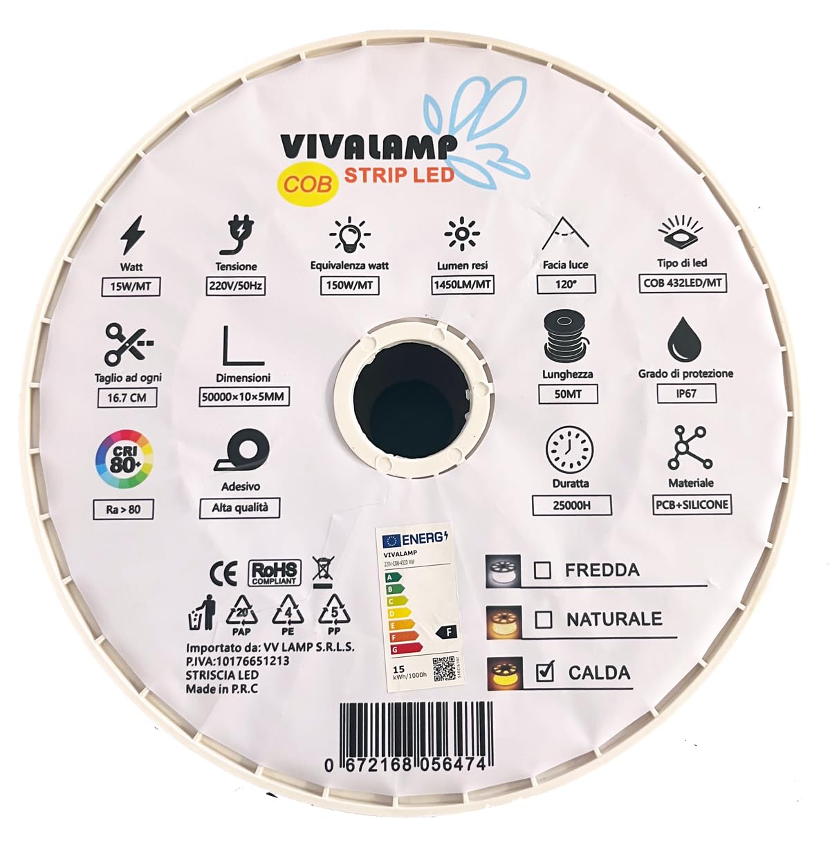 Striscia Led Cob 220V per esterno 15W metro senza trasformatore adesiva super flessibile luce continua IP67 luce calda naturale fredda (4000K Natura, 5 metri)