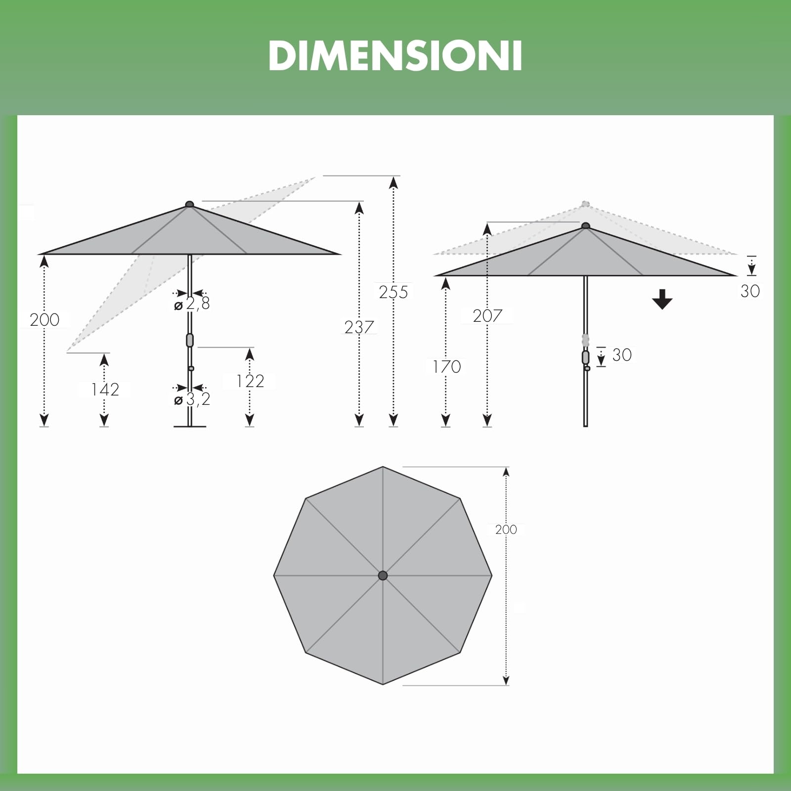 Doppler Parasole Rethink I 200 cm in antracite I rotondo inclinabile per balcone e terrazza I sostenibile I con apertura a mano I Con copertura