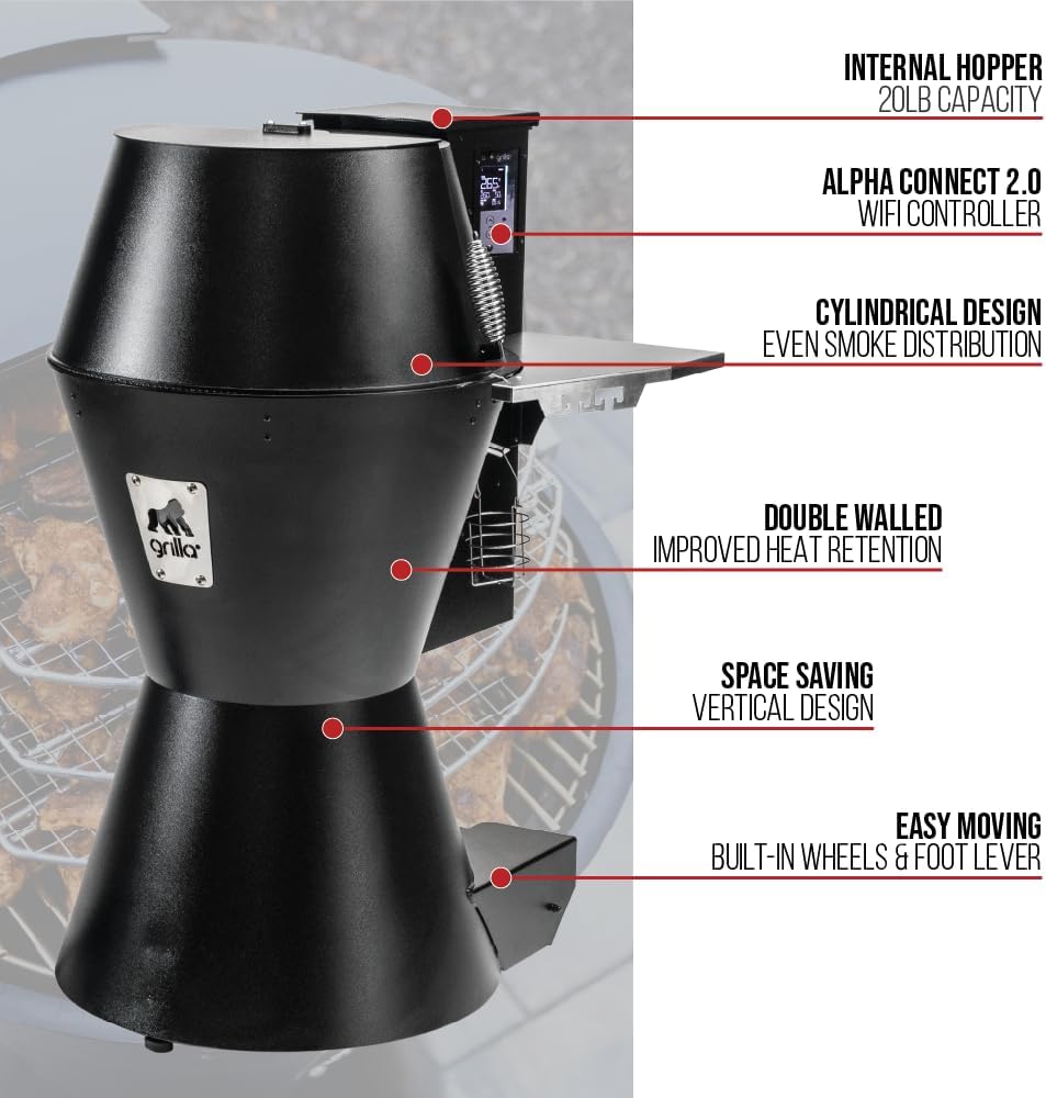 GRILLA OG Alpha Connect Pellet Grill Smoker with Round Design and Sliding Lid, Heavy-Duty Stainless Steel Construction, 488 Square Inches of Cooking Space for Smoking, Outdoor Grilling, Cooking