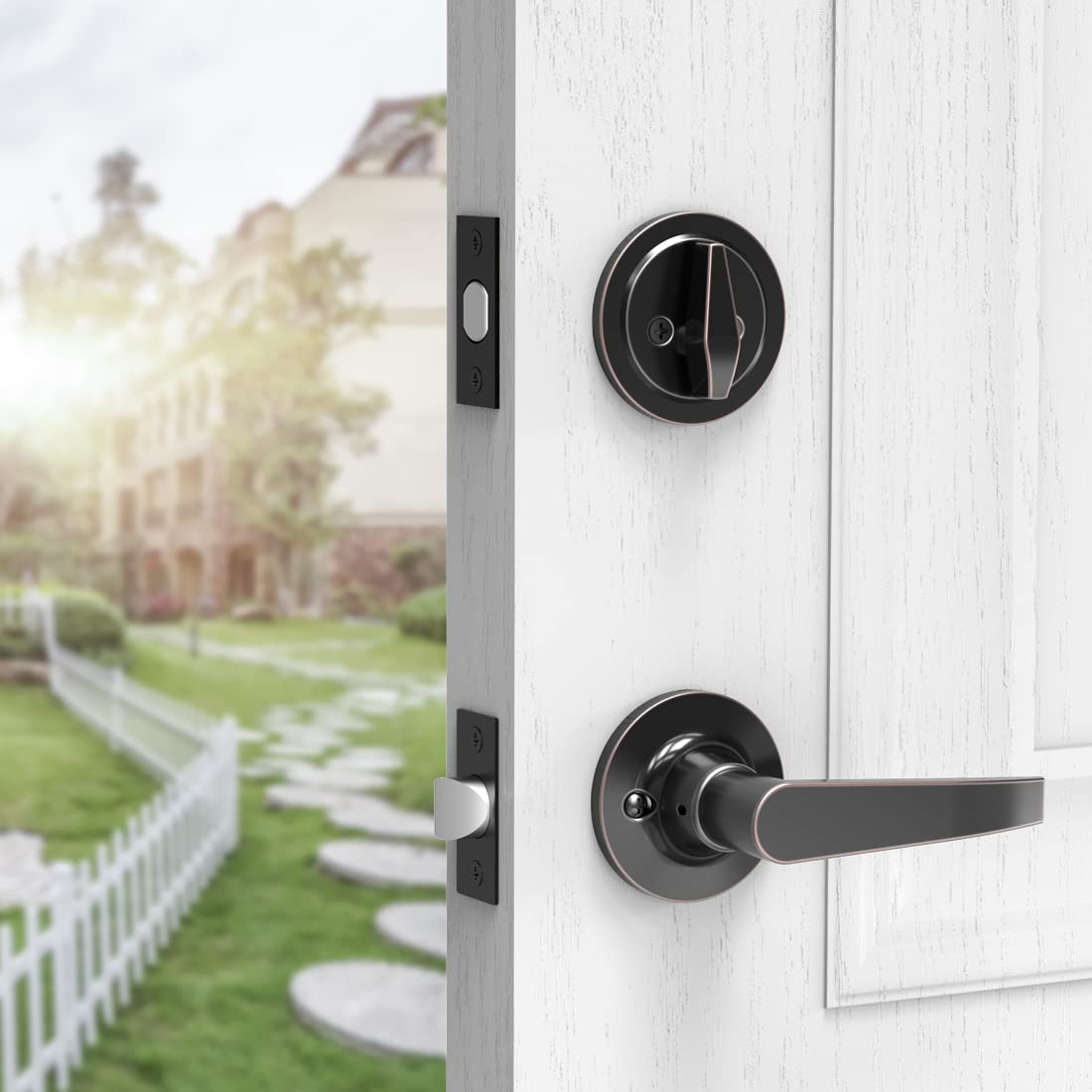 Signstek Handleset with Shelby Lever - Single Cylinder, Door Lock for Front Door, Handlesets with Deadbolt, Front Door Lock Set-Oil Rubbed Bronze