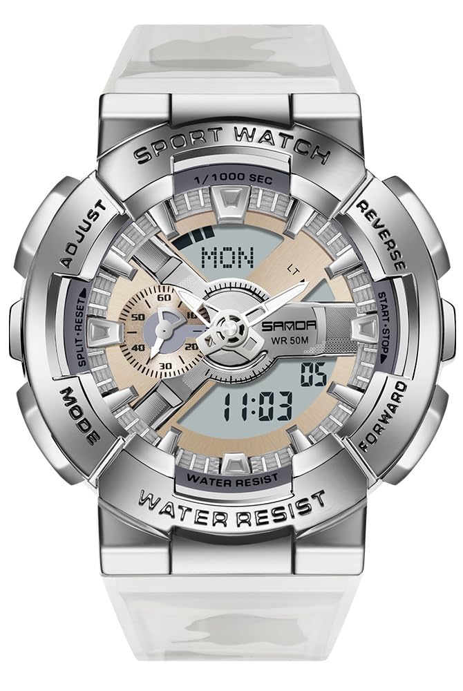MASTOP Montre pour homme couleur arc-en-ciel analogique numérique étanche 5 ATM, contraste élevé, noir brillant, montre militaire d'extérieur rétroéclairée