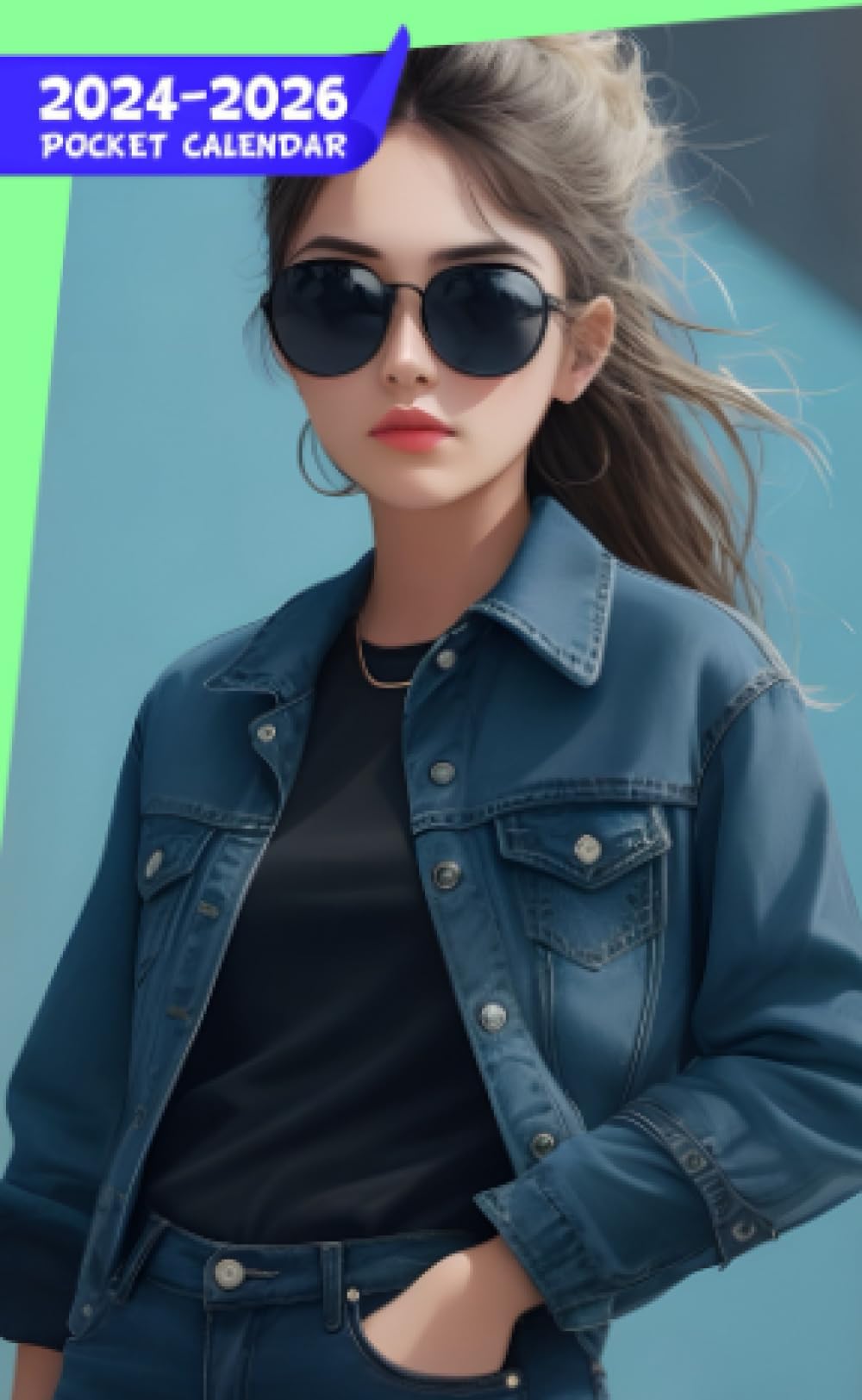 Pocket Calendar 2024 - 2026 With Moon Phase: Three-Year Monthly Planner for Purse , 36 Months from January 2024 to December 2026 | Stylist young girl | Black tops | Blue jeans | Sunglasses