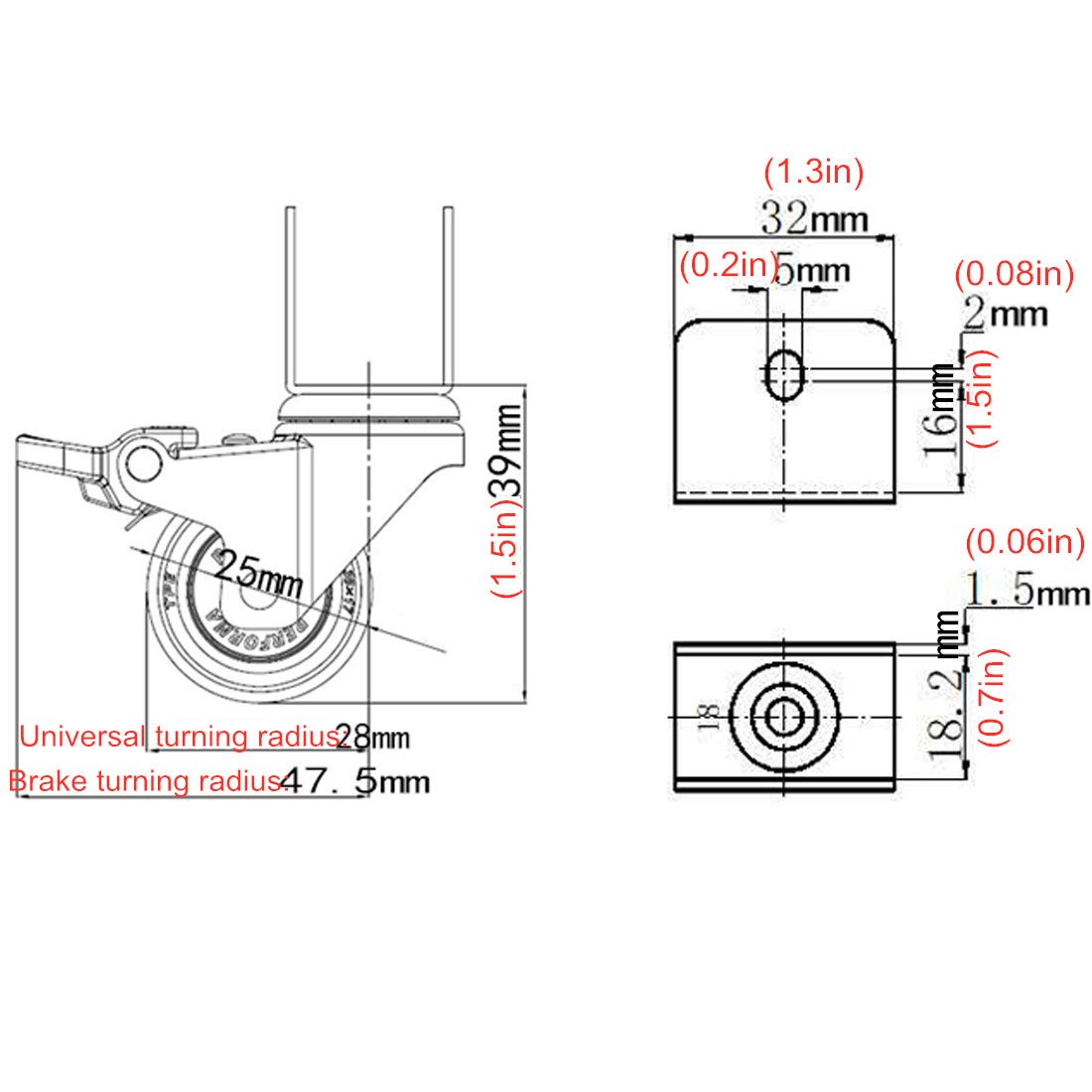 Ruedas giratorias de 1" y 25 mm, Ruedas para Muebles pequeños, Ruedas de Repuesto para Cuna de bebé, 4 Piezas (Freno de 16 mm/0,6 Pulgadas) (Freno + Universal de 18 mm/0,7 Pulgadas)