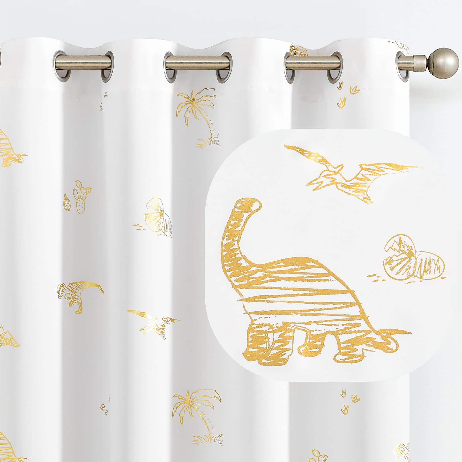 jinchan Dinosaur Curtains for Kids Room Gold Foil Print Thermal Insulated Curtains Light Reducing Curtains for Nursery Grommet 84 inches Long White Dino Curtains for Boys Girls Bedroom 2 Panels
