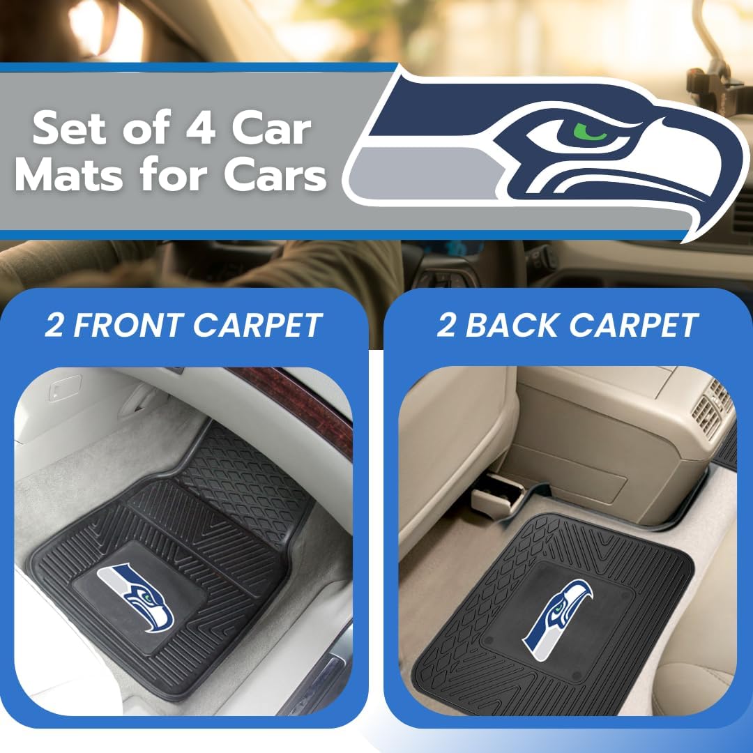 Fanmats Seattle Seahawks Set of 4 Car Mats for Cars, SUV, Pickups - All Weather Technology Protection, Deep Reservoir Design, Universal Fit - 3D NFL Team Logo - 29” x 17” Front - 14”x17” Rear Mat