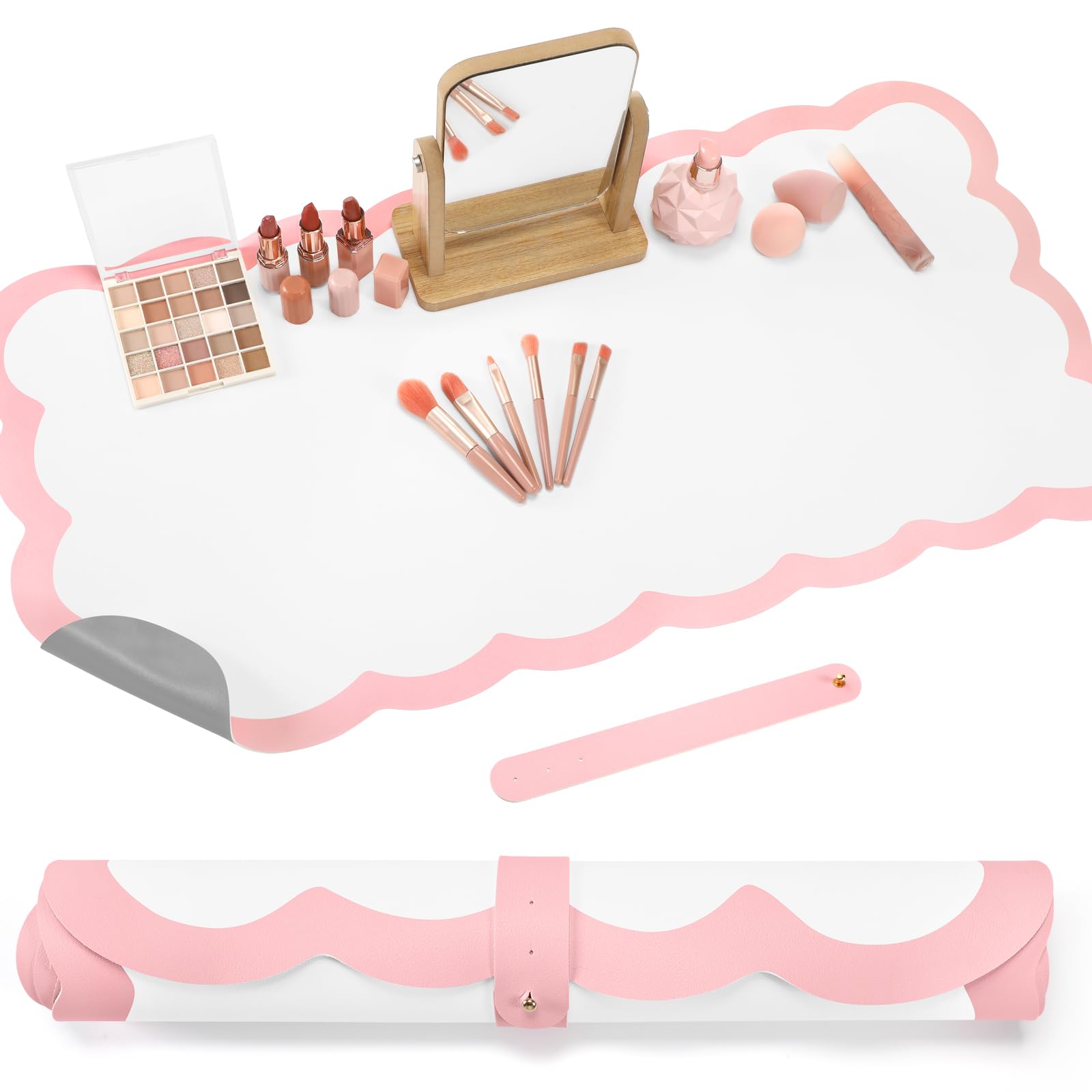 Teenyyou Tapete de maquillaje festoneado para tocador, tapete de piel sintética, tapete de mesa blanco para manualidades, tapete de tocador de doble cara, tapete de mouse impermeable para tocador,
