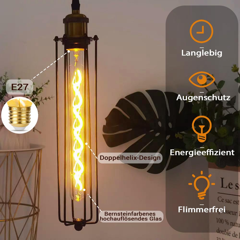 Vintage Glühbirne E27 Dimmbar, E27 LED Vintage 4W T30 300LM 2700K Retro Glühbirne in Stabform 30CM Länge LED Röhre für Industriell und Retro Beleuchtung im Familie Hotel Bar - 4 Stück