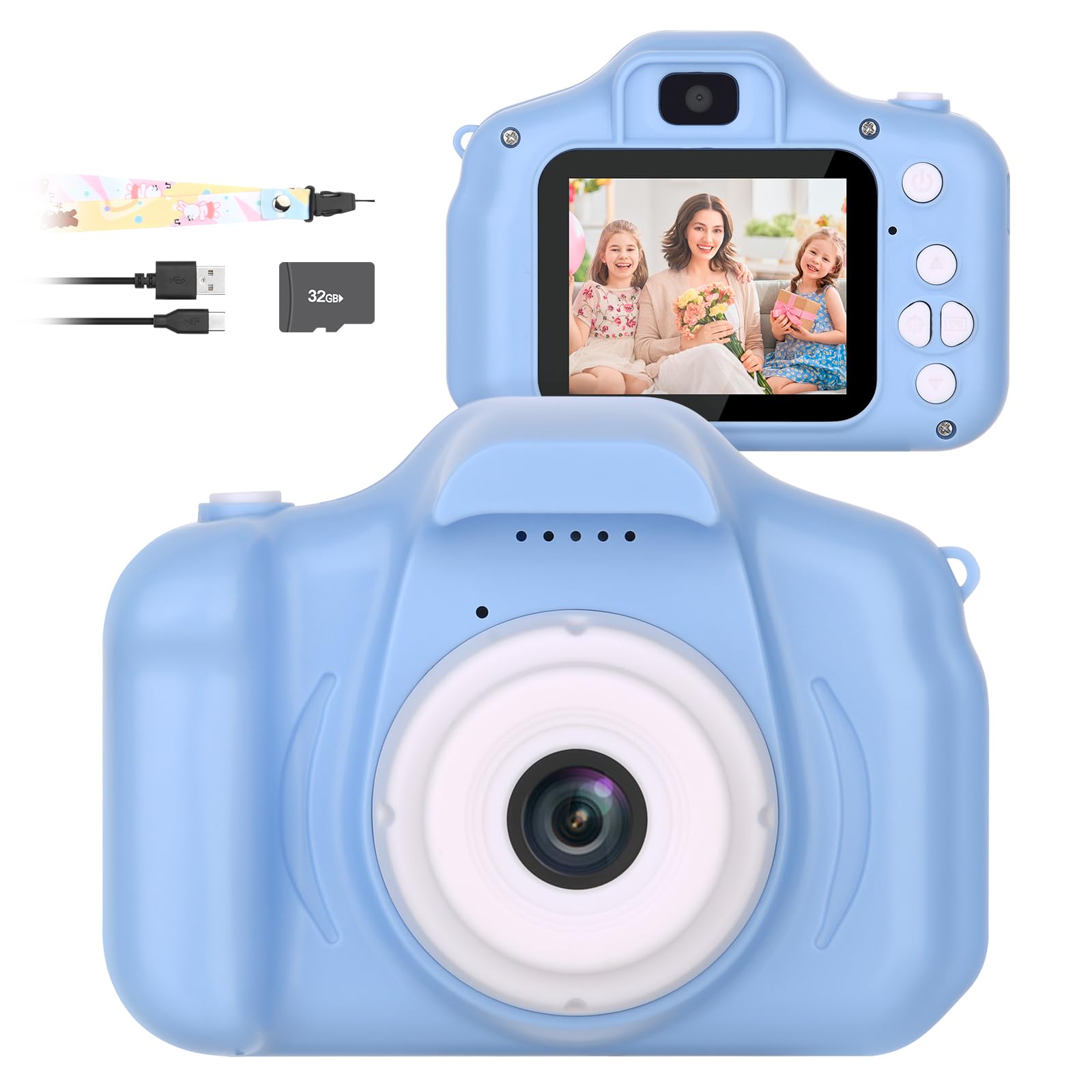 mafitiKids Camera with Tripod,26MP HD Selfie Digital Camera for Kids,Portable Mini Toddler Camera Toy with 1080P Video,Birthday Xmas Gift for 3-9 Year Old Girl,32GB TF Card,USB Thansfer (Blue)