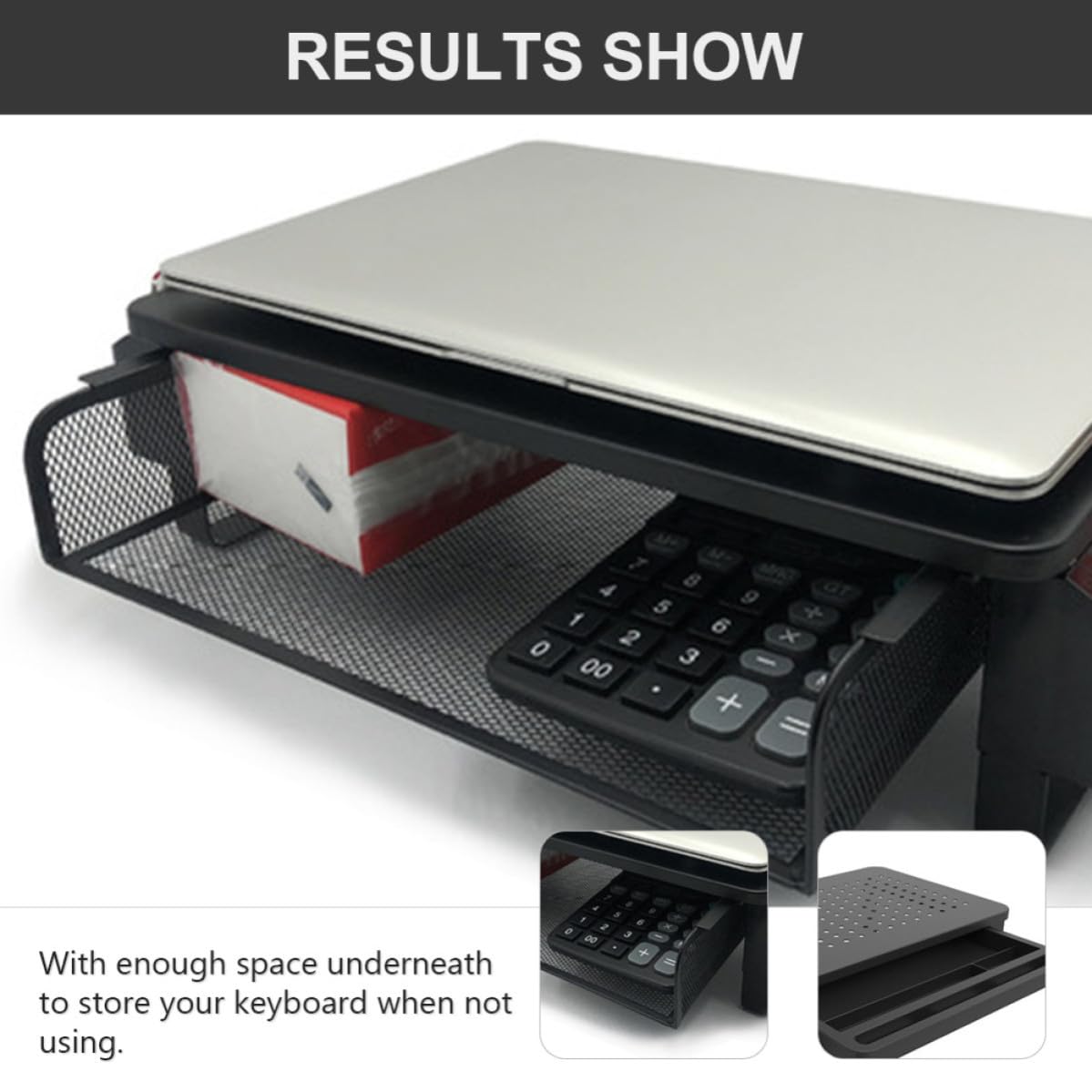 CALLARON Soporte para Monitor, Estante Elevado para Computadora Portátil, Hierro, Panel de Malla Orificios, Negro, Capacidad de Carga Máxima 20kg, Protege las Vértebras Lumbares