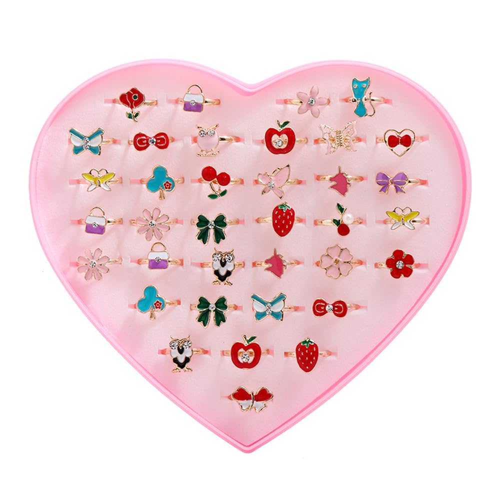 Jdbefuy 36 Pcs Kids Rings, Adjustable Children's Ring for Girls with Heart-Shaped Box, Adorable Toddler Ring Set for Birthday Gifts and Party Favours, Cute Little Girl Jewellery Rings (36)