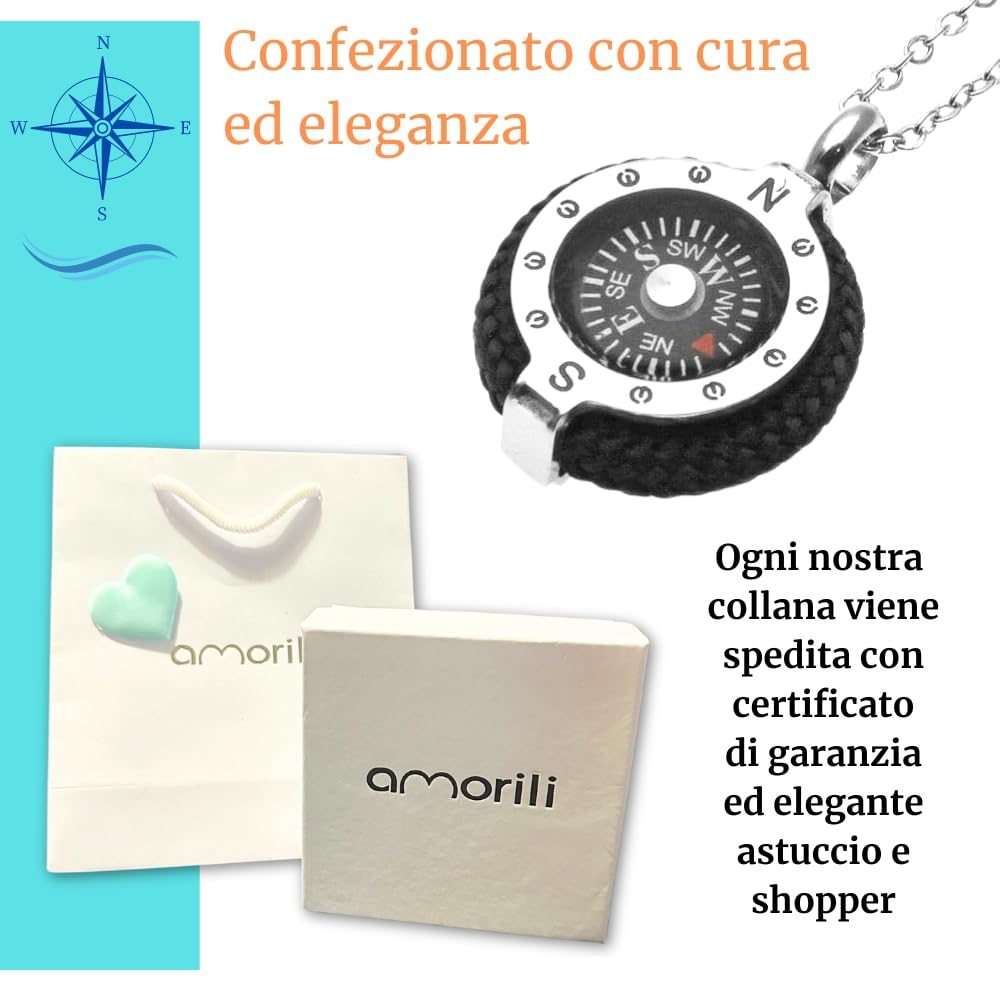 Collana Bussola Uomo in Acciaio Inox e Corda Vari Colori – Stile Nautico Mare Estate Vela – Collana Elegante Uomo