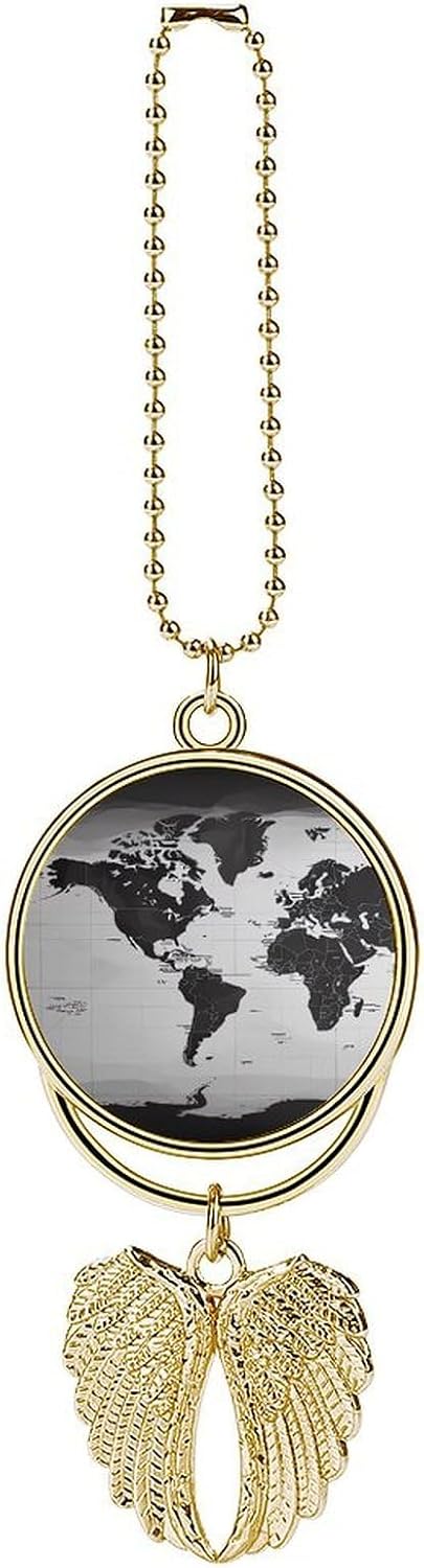Black and White World Map Rear View Mirror Car Charms with Angel Wings Design - Elegant Hanging Pendant Ornament for Women Men, Zinc Alloy Auto Interior Decor for Cars, SUV, Truck (Golden)