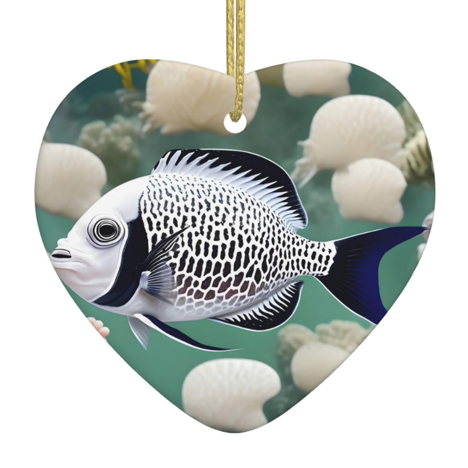 White Tropical Fish Ceramic Christmas Heart Pendant with Silk Thread, Christmas Tree Home Decoration
